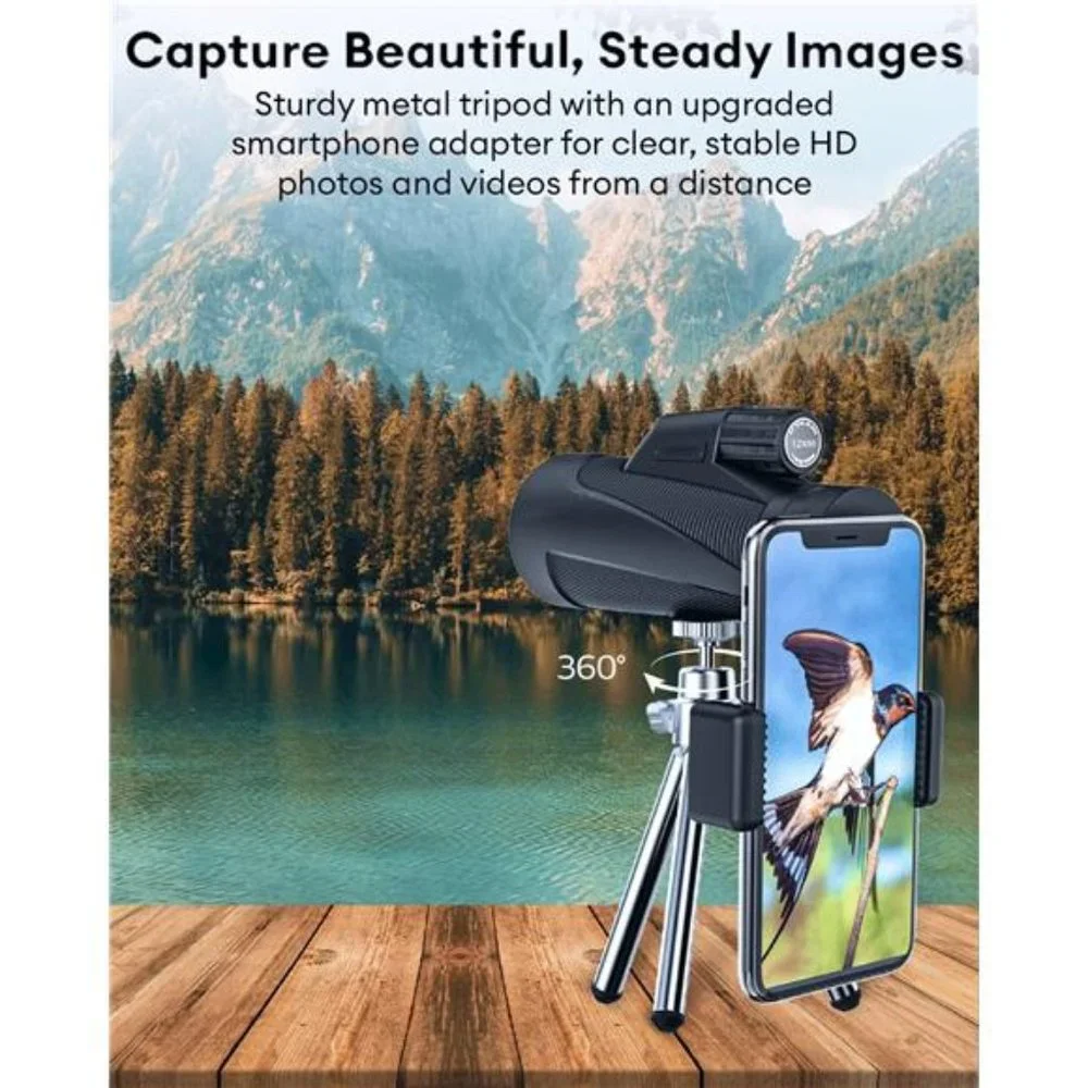 Monocular Telescope High Powered Monocular w/ Smartphone Adapter & Metal Tripod